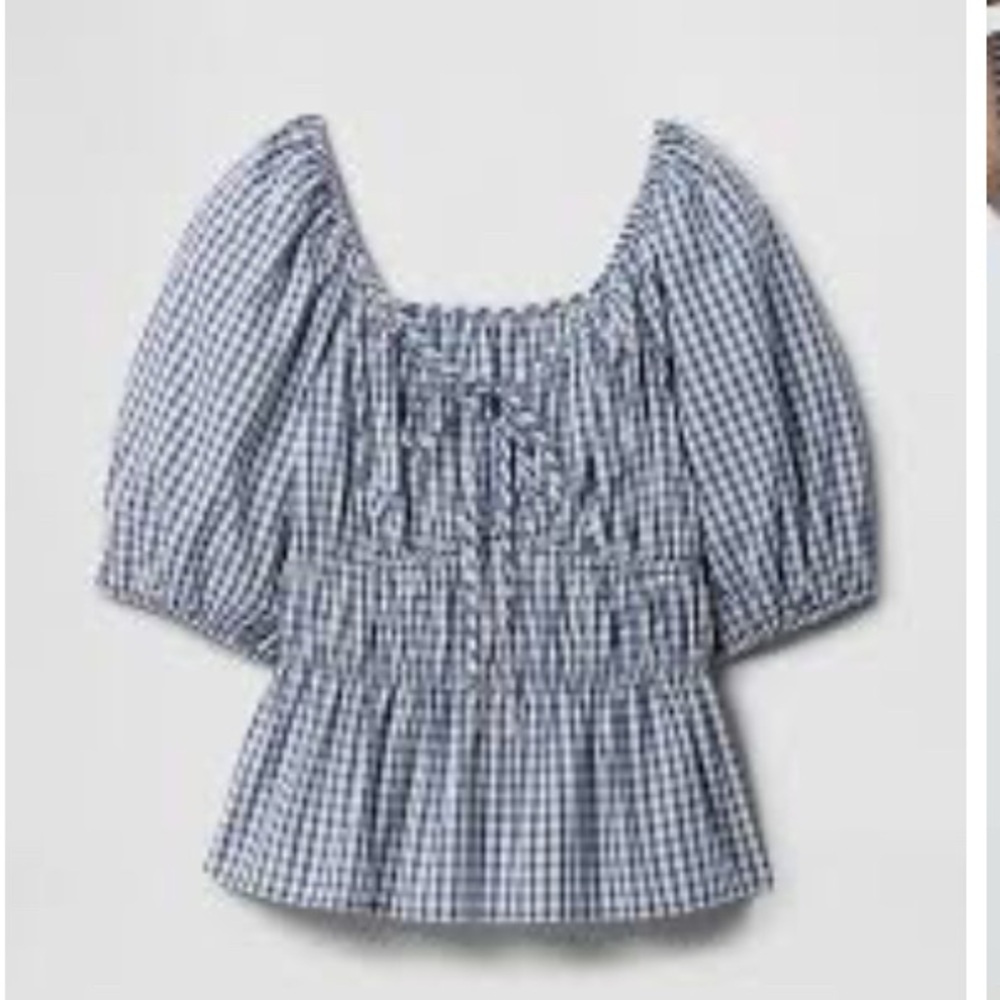 Gap Puff Sleeve Cinched-Waist Top Navy gingham M NWT - Picture 4 of 6